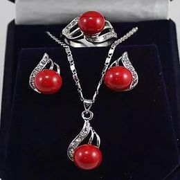 fashion Genuine 10mm Coral Red South Sea Shell Pearl Earrings Necklace Ring Set