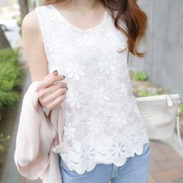 Women's Jumpsuits Rompers Womens Blouse Shirt Femininas Summer Tops and Blouses Lace Elegant Sleeveless Blusas Crochet Casual Flower Tops Plus Size Women 221123