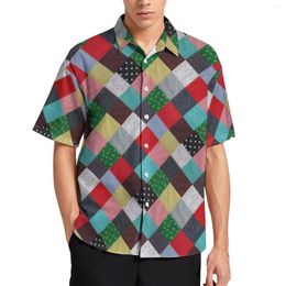 Men's Casual Shirts Squares Of Patchwork Beach Shirt Colourful Vintage Pattern Man Trendy Blouses Summer Short-Sleeve