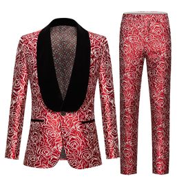 Men's Suits Blazers Nightclub Shawl Collar One Button Blazer Men Red Rose Jacquard Suit Jacket Mens Wedding Tuxedo Masculino CoatPants 221122
