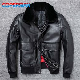 Men's Leather Faux Air Force Flight Jacket Fur Collar Genuine Top Layer Cowhide Men Black Coat Winter 221122