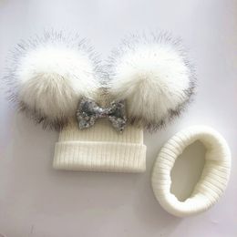 Caps Hüte Kinder Glitter Bogen Knoten Doppel Pompom Hut Für Baby Mädchen Winter Kappe Schal Kinder Zubehör Motorhaube 221122