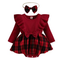 Rompers Christmas Infant Baby Girls Romper Dress Plaid Round Neck Ruffles Long Sleeve Bowknot Skirt Hem Jumpsuits with Headband 221122