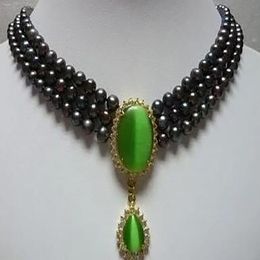 Charm 3 row 6-7mm Black Freshwater pearl &18GKP opal Cat' s eye Green pendant Bridal wedding Jewellery necklace