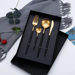 Dinnerware Sets "4pcs/set Black Cutlery Set Gold Flatware Fork Knife Spoon Wedding Silverware Drop Stainless Steel"