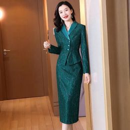 Two Piece Dress Professional Suit Women's Spring Autumn Temperament Fashion Green Coat Midi Skirt Two piece Korean Elegant Blazers Set 221122