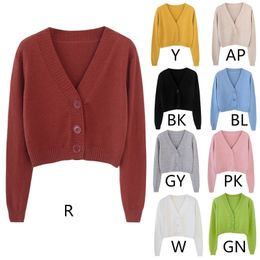 Women's Knits Tees Women Autumn Long Sleeve Sweater Cardigan Sexy V-Neck Button Down Cropped Jacket Sweet Solid Candy Color Loose Knitted Outwear C 221123