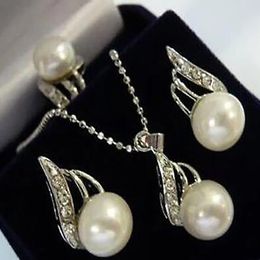 Charming Jewellery white pearl pendant necklace earring ring set
