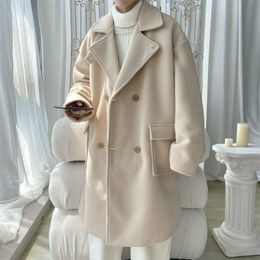 Men's Wool Blends Winter Double Breasted Woollen Coat Warm Fashion Casual Long Korean Loose Oversized Trench s Overcoat 221123