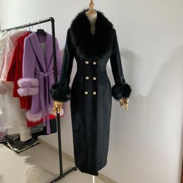 Women' Blends Winter fashion women woolen coat high imitation big fur collar black cashmere female double breasted slim outwear 221123