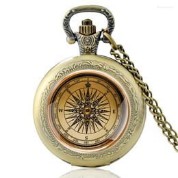 Pocket Watches Antique Compass Design Vintage Quartz Watch Men Women Glass Dome Pendant Necklace Hours Chain Clock Gifts