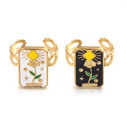 Cluster Rings Stainless Steel Gold Opening Enamel Flower Painting Ring For Women Design Golden Statement Anillos Mujer Bijoux Femme