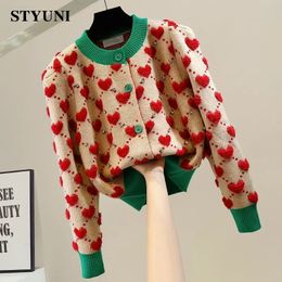 Women's Knits Tees Heart Argyle Diamonds O-Neck High Street Kawaii Knitted Sweaters Long Sleeve Buttons Short Jumpers Female Cardigans 221123