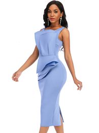 Party Dresses Elegant Blue Women Sleeveless Midi Dress Event Peplum Ruffles Occasion Celebrate Vestidos Feminino Robes 2XL 221123