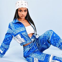Women s Two Piece Pants Casual Blue Print Pieces Pant Set Women Long Sleeve Zipper Top And Suit Sportwear Matching Outfits 221123