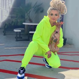 Women s Two Piece Pants OMSJ Neon Green Solid Tracksuit Women 2 Sets Casual Outfit Suit Long Sleeve Clothing Streetwear Femme 221123