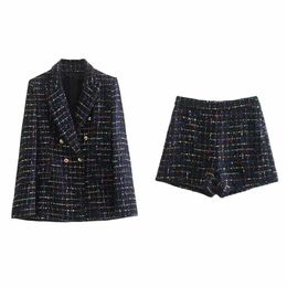Two Piece Dress TRAF WOMEN Winter Double Breasted Tweed Texture Plaid Suit Jacket Office Retro Female Chic Blazer Two piece 8741269 221122