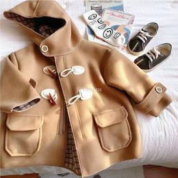 Coat Winter Children s Wear Boys Girls Foreign Horn Buckle Hooded Tweed Fashion Midi Korean Edition Loose Jacket 221122