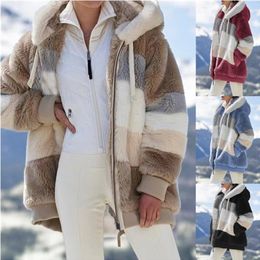 Women's Knits Tees Women Fall Winter Warm Plush Hooded Coat Contrast Colour Long Sleeve Zip Up Thick Cardigan Jacket E-Girls Streetwear Outwear 221123