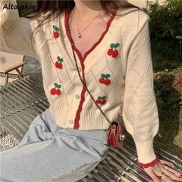 Women's Knits Tees Autumn est Cardigans Women Sweet Elegant V-neck Lovely Cherry Patchwork Ladies Outwear Gentle High Street Leisure Trendy Chic 221123