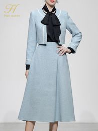 Two Piece Dress H Han Queen Women Autumn Winter Office Casual 2 Pieces Set Tweed top coat Mid Calf A Line Skirt Korean Simple Suit 221122