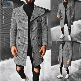 Men's Wool Blends Fashion Coat Autumn Winter Plaid Double Breasted Lapel Mid-long Chic 221123