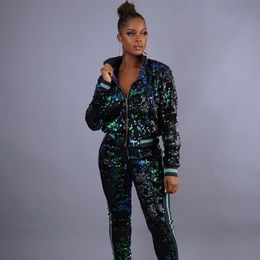 Women s Two Piece Pants Sparkly Sequin 2 Set s Outfits Spring Autumn Zipper Jacket and Streetwear Women Tracksuit 221123