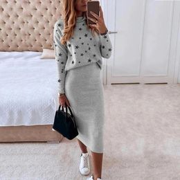 Two Piece Dres Skirts Casual 2 Set Autumn Winter Turtleneck Long Sleeve Loose Print Top Slim Pencil Skirt Fashion Office Lady Suits 221122
