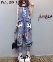 Women's Jumpsuits Rompers Female Denim Jumpsuits Fashion Sequins Cartoon Letters Hole Bib Pants Casual Loose Harem Pants Women Denim Overalls 221123