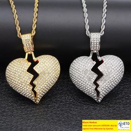 Iced out Broken Love Heart Pendant Necklaces Mens Bling Crystal rhinestone Love charm Gold Silver Twisted chain For women Hip hop Jewellery