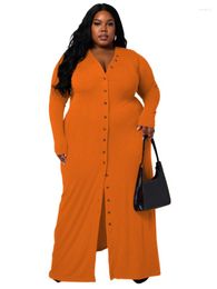 Plus Size Dresses Shirt For Women V Neck Single Breasted Robes Autumn Fashion Solid Ribbed Streetwear Casual Big Maxi Dress