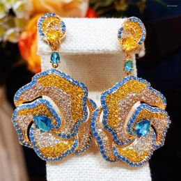 Dangle Earrings GODKI Big Bol Rose Flower Drop For Women Wedding Cubic Zirconia Dubai Bridal Costume Jewellery 2022 Summer Party