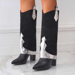 Boots Gold Silver Serpentine Pointed Toe Women Long Knee High Boots Winter Shoes Chunky Heel Female Chelsea Booties 221123