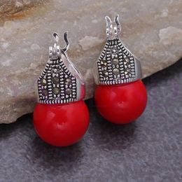 new whosale Round Red stone Bead Vintage 925 Silver Earrings