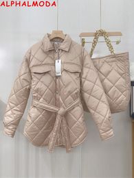 Womens Down Parkas ALPHALMODA quilted Lattice Coat Sashes Pocket Loose Ladies Fashion Jacket with Bags 221124