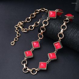 Chains 2022 Removable Chain Red Square Long Statement Necklace Women Acrylic Geometric Handmade Accessories Gold Color