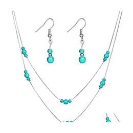 Pendant Necklaces Brand Vintage Turquoise Jewelry Sets Blue Necklace Earring Ring Set Women Drop Delivery Necklaces Pendants Dhxki
