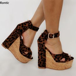 Rontic Handmade Women Summer Sandals Faux Suede Comfort Wedges High Heels Open Toe Pretty Leopard Party Shoes US Size 5-20