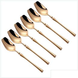 Spoons Spoons 6Pcs Gold Stainless Steel Dinner Dinnerware Sierware Cutlery For Picnic Drinkware Tableware Kitchen Accessories Drop D Dhlt6