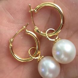 9-10mm perfect round white Australia south sea pearl dangle earring 14k/20 GOLD