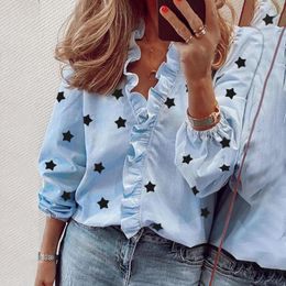 Women's TShirt Spring Shirts for Women Star Print Ruffle Women Blouse Fashion Sexy VNeck Slim Shirts Casual LongSleeved Tops Women 221124