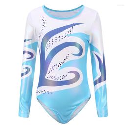 Stage Wear Wholesale Coming High Quality Children Girls Rhinestones Blue Long Sleeve Gymnastics Leotards