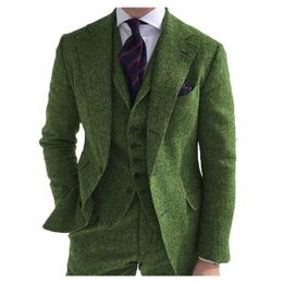 Men's Suits Blazers Mens 3 Pieces Green Wool Tweed Herringbone Business Retro Classic PatternTuxedos For Wedding Blazer Pants Vest 221124