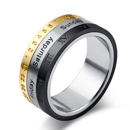 Wide Rotatable Stainless Steel Ring Band Mechanical Roman Numerals Time Turning Rotating Rings for Men Women Fashion Jewelry