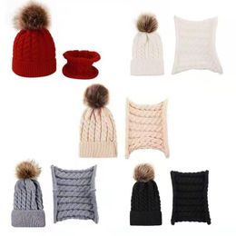 Kids Knitted Winter Scarf and Hat Set Outdoor Fashionable Fur Pompom Hats Soft Wool Crochet Beanies Cap