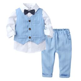 Children Gentleman Clothing Sets 3Pcs/Sets Bow Tie Kid Stripe Plaid Vest Pants Lapel Long Sleeve Shirt Baby Birthday Party Suits Spring Autumn Boy Outfits