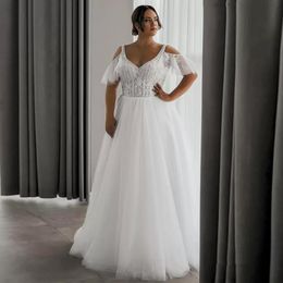 A Line Wedding Dresses Sexy Off The Shoulder V Neck Illusion Lace Appliques Crystal Beads Tulle Bridal Gowns Sweep Train Plus Size Vestido De Noiva Open Back