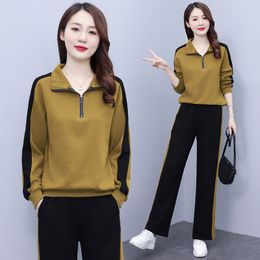 Women's Two Piece Pants Casual Sports Long Sleeve Stand Collar Sweater Suit Women Autumn Wide Leg Fashion Set Loose Plus Size 221123