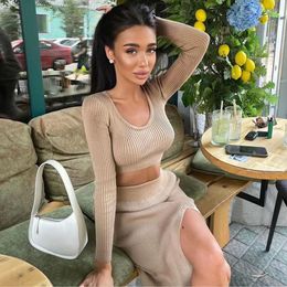 Two Piece Dress Knitted Winter Women Sexy Sweater Skirt Suit Y2K Fashion Long Sleeve Crop Tops And Split Sets 221124