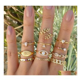 Band Rings 2022 Vintage Fashion Ring Set For Women Girls Gold Metal Punk Geometric Hollow Leaves Finger Rings Party Jewelry Anillos Dh9Yo